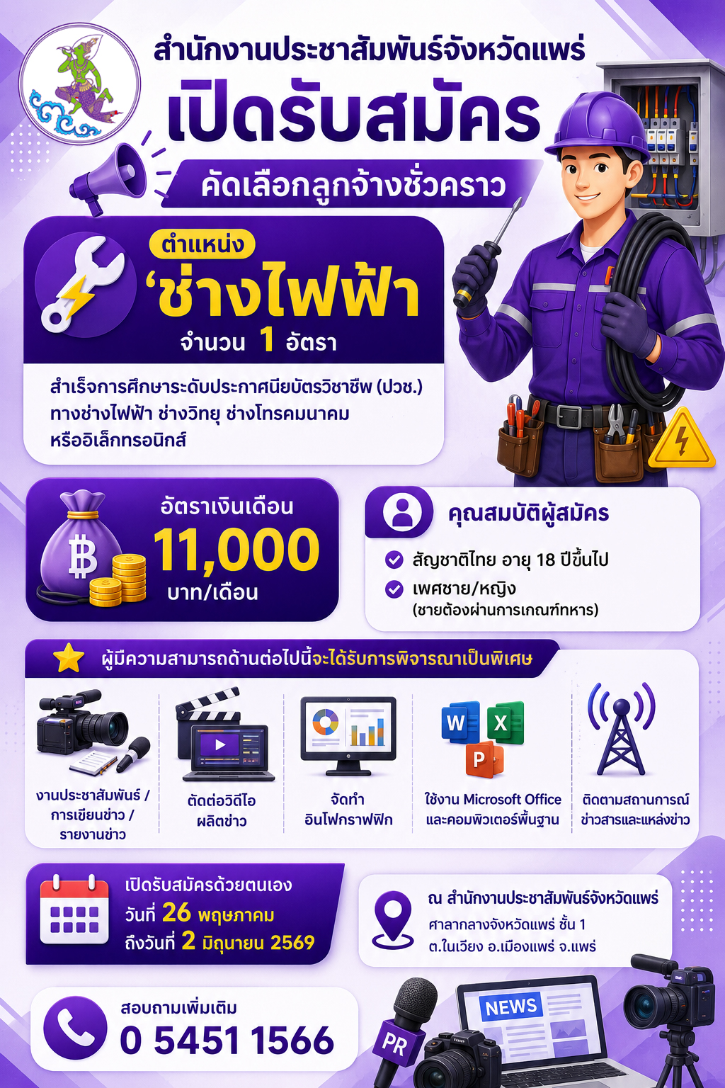 ด่วน! ส.ปชส.แพร่ เปิดรับสมัครลูกจ้างชั่วคราว ตำแหน่ง &ldquo;ช่างไฟฟ้า&rdquo; จำนวน 1 อัตรา สนใจยื่นใบสมัครด้วยตนเอง 26 พ.ค. &ndash; 2 มิ.ย. 2569 นี้ 