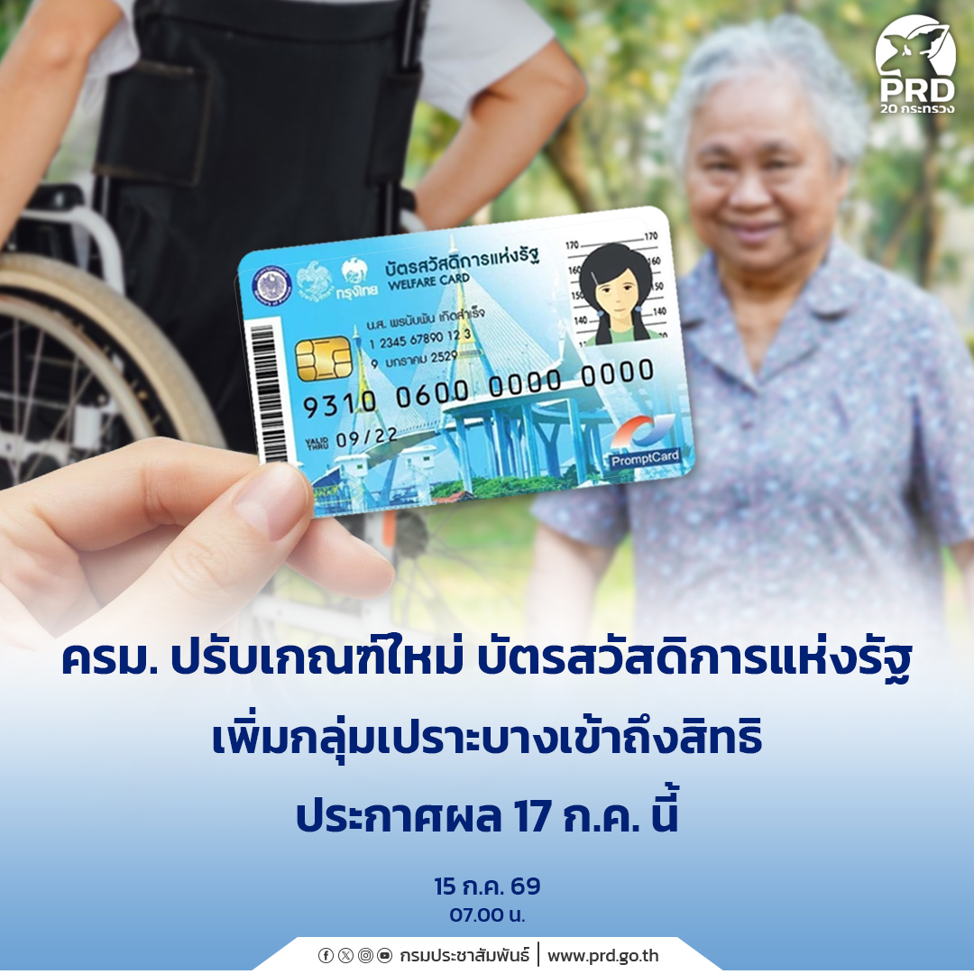 ครม. ปรับเกณฑ์บัตรสวัสดิการแห่งรัฐ 2569 เพิ่มโอกาสกลุ่มเปราะบางเข้าถึงสิทธิ ประกาศผล 17 ก.ค. นี้ 